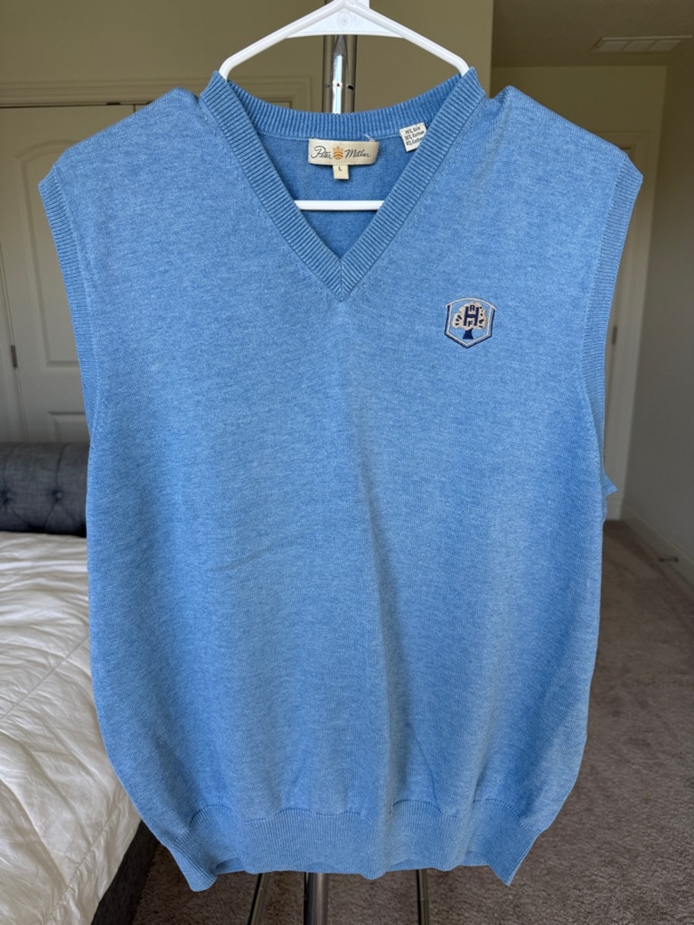 Peter Millar Light Blue V-Neck Sweater Vest with Rich Harvest Farms Logo